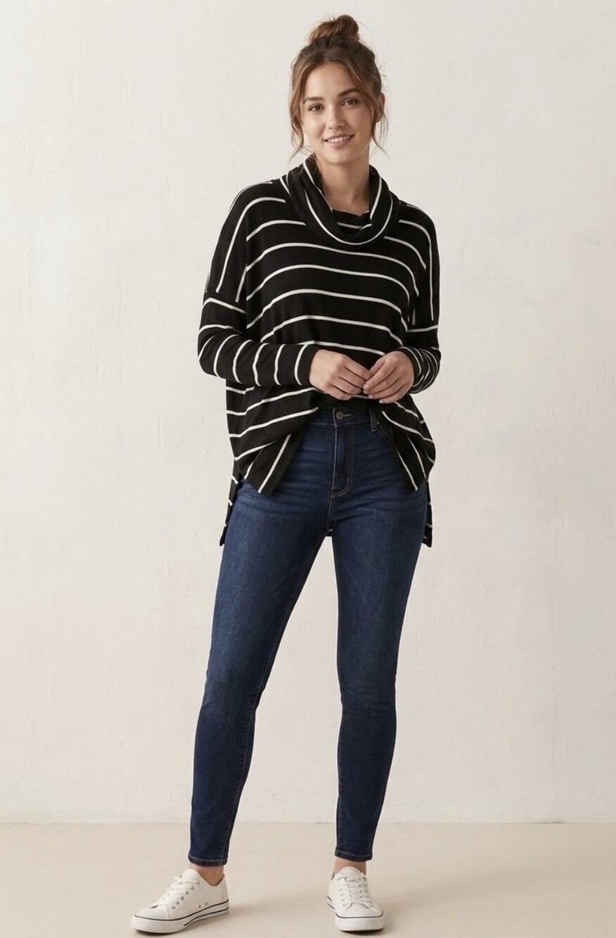Lou & Grey Black White Striped Cowl Neck Sweater Oversized Slouchy Knit Top M